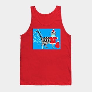 Santa Paws Tabby Cat Christmas Drawing Blue Tank Top